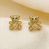 Oro Laminado Stud Earring, Gold Filled Style Teddy Bear Design, with White and Black Micro Pave, Polished, Golden Finish, 02.342.0197