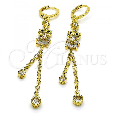 Oro Laminado Long Earring, Gold Filled Style Owl and Rolo Design, with White and Black Cubic Zirconia, Polished, Golden Finish, 02.316.0093