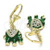 Oro Laminado Dangle Earring, Gold Filled Style Elephant Design, with White Crystal, Green Enamel Finish, Golden Finish, 02.351.0058.3