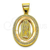 Oro Laminado Religious Pendant, Gold Filled Style Guadalupe Design, with Ivory Mother of Pearl and White Micro Pave, Polished, Golden Finish, 05.342.0162