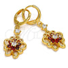 Oro Laminado Long Earring, Gold Filled Style Butterfly and Flower Design, with Garnet and White Cubic Zirconia, Polished, Golden Finish, 02.206.0029