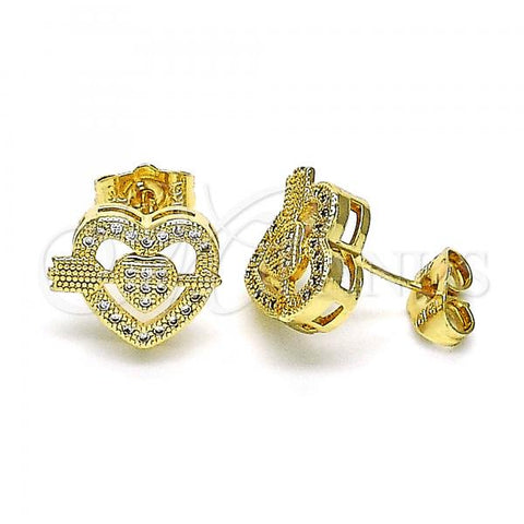 Oro Laminado Stud Earring, Gold Filled Style Heart Design, with White Micro Pave, Polished, Golden Finish, 02.156.0636