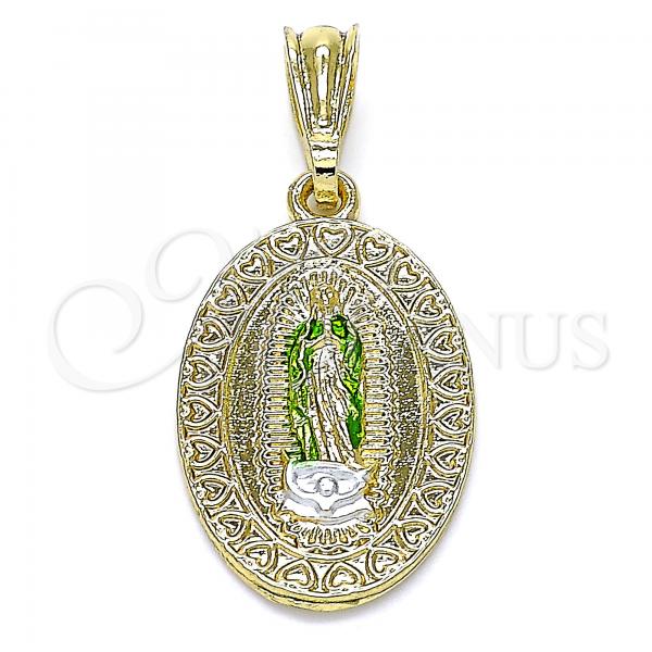 Oro Laminado Religious Pendant, Gold Filled Style Guadalupe and Heart Design, Polished, Tricolor, 05.351.0171