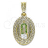 Oro Laminado Religious Pendant, Gold Filled Style Guadalupe and Heart Design, Polished, Tricolor, 05.351.0171