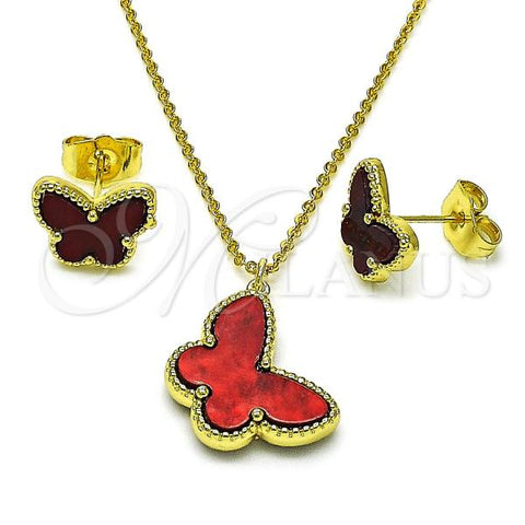 Oro Laminado Earring and Pendant Adult Set, Gold Filled Style Butterfly Design, with Garnet Opal, Polished, Golden Finish, 10.313.0009.2