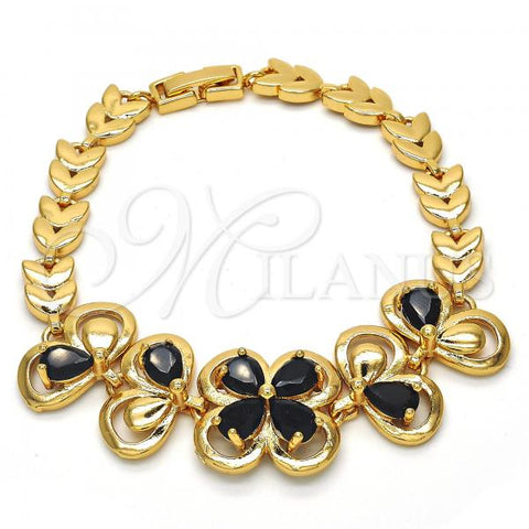 Oro Laminado Fancy Bracelet, Gold Filled Style Flower and Leaf Design, with Black Cubic Zirconia, Polished, Golden Finish, 03.266.0022.07