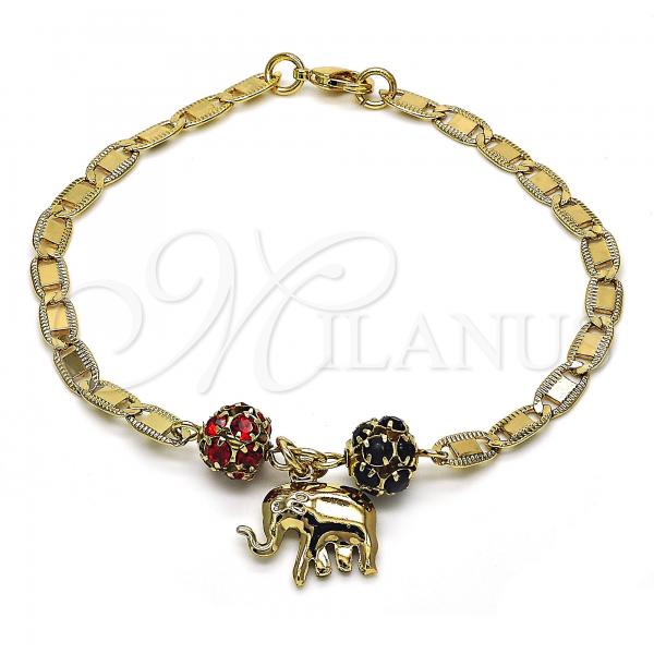 Oro Laminado Charm Bracelet, Gold Filled Style Elephant Design, with Garnet and Black Crystal, Polished, Golden Finish, 03.63.2076.1.08