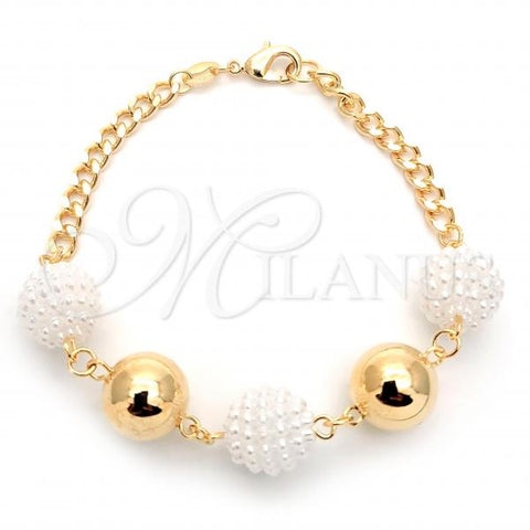 Oro Laminado Fancy Bracelet, Gold Filled Style Ball and Miami Cuban Design, with White Pearl, Polished, Golden Finish, 03.32.0158