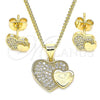Oro Laminado Earring and Pendant Adult Set, Gold Filled Style Heart Design, with White Micro Pave, Polished, Golden Finish, 10.344.0007