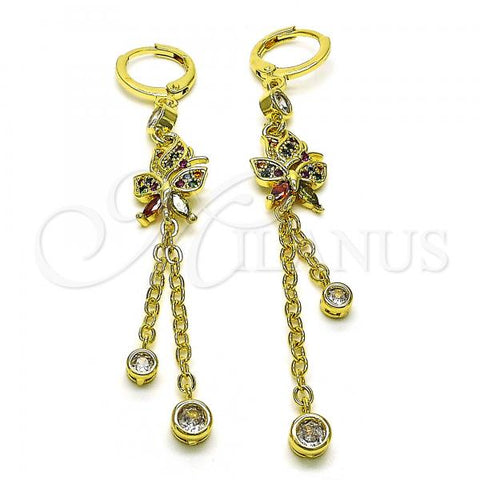 Oro Laminado Long Earring, Gold Filled Style Rolo and Butterfly Design, with Multicolor Micro Pave and Multicolor Cubic Zirconia, Polished, Golden Finish, 02.316.0083.1