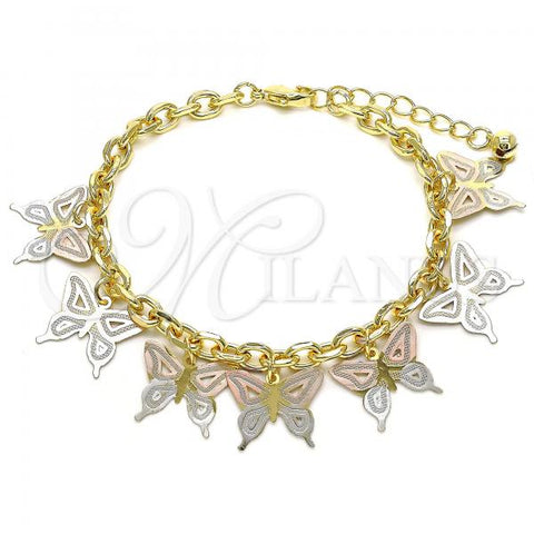 Oro Laminado Charm Bracelet, Gold Filled Style Butterfly Design, Polished, Tricolor, 03.331.0198.08