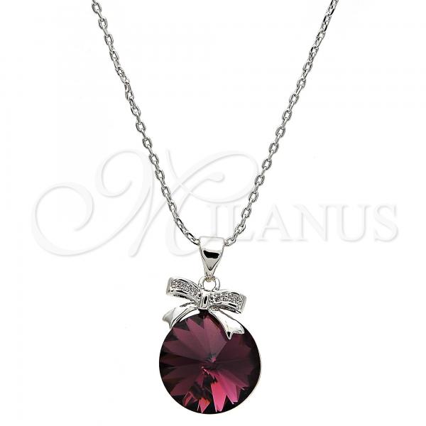 Rhodium Plated Pendant Necklace, Bow Design, with Amethyst Swarovski Crystals and White Micro Pave, Polished, Rhodium Finish, 04.239.0016.2.16