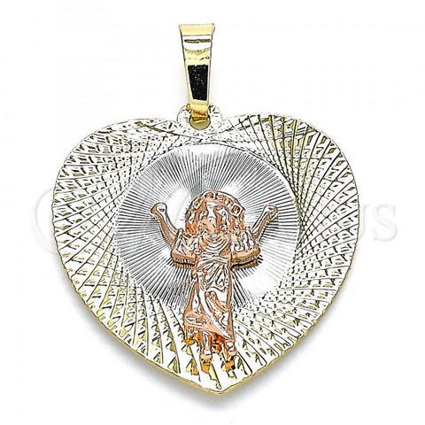 Oro Laminado Religious Pendant, Gold Filled Style Divino Niño and Heart Design, Diamond Cutting Finish, Tricolor, 05.380.0130