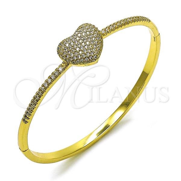 Oro Laminado Individual Bangle, Gold Filled Style Heart Design, with White Cubic Zirconia, Polished, Golden Finish, 07.341.0067.05