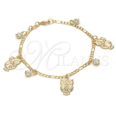 Oro Laminado Charm Bracelet, Gold Filled Style Owl and Figaro Design, with White Crystal, Polished, Golden Finish, 03.32.0140.07