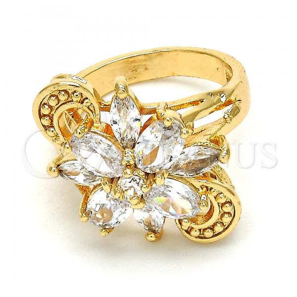 Oro Laminado Multi Stone Ring, Gold Filled Style Flower Design, with White Cubic Zirconia, Polished, Golden Finish, 01.210.0055.08 (Size 8)