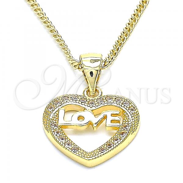 Oro Laminado Pendant Necklace, Gold Filled Style Heart and Love Design, with White Micro Pave, Polished, Golden Finish, 04.156.0345.20