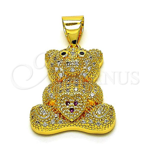 Oro Laminado Fancy Pendant, Gold Filled Style Teddy Bear and Heart Design, with White and Black Micro Pave, Polished, Golden Finish, 05.342.0167