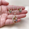 Oro Laminado Earring and Pendant Adult Set, Gold Filled Style Heart Design, with Multicolor and White Cubic Zirconia, Polished, Golden Finish, 10.196.0188