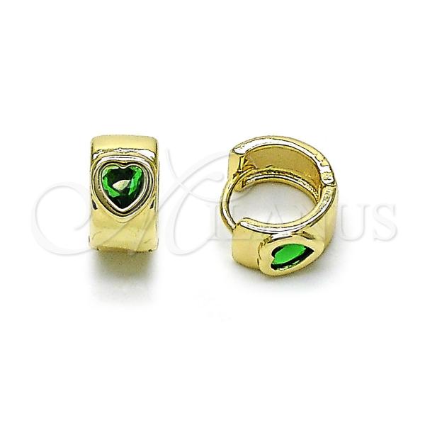 Oro Laminado Huggie Hoop, Gold Filled Style Heart Design, with Green Cubic Zirconia, Polished, Golden Finish, 02.196.0191.12