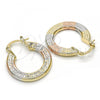 Oro Laminado Small Hoop, Gold Filled Style Greek Key Design, Diamond Cutting Finish, Tricolor, 02.163.0007.1.25