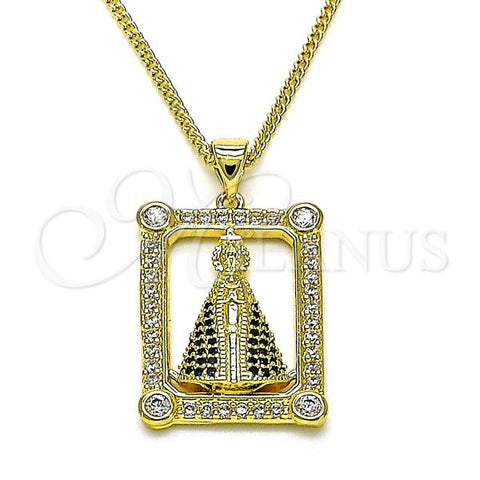 Oro Laminado Pendant Necklace, Gold Filled Style Caridad del Cobre and Cross Design, with White and Sapphire Blue Micro Pave, Polished, Golden Finish, 04.195.0065.18