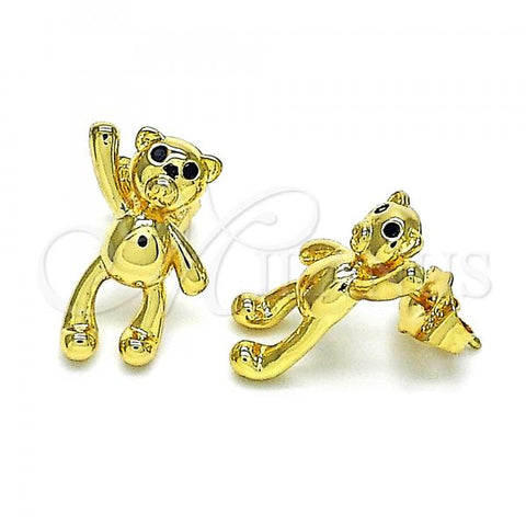 Oro Laminado Stud Earring, Gold Filled Style Teddy Bear Design, with Black Micro Pave, Polished, Golden Finish, 02.156.0648