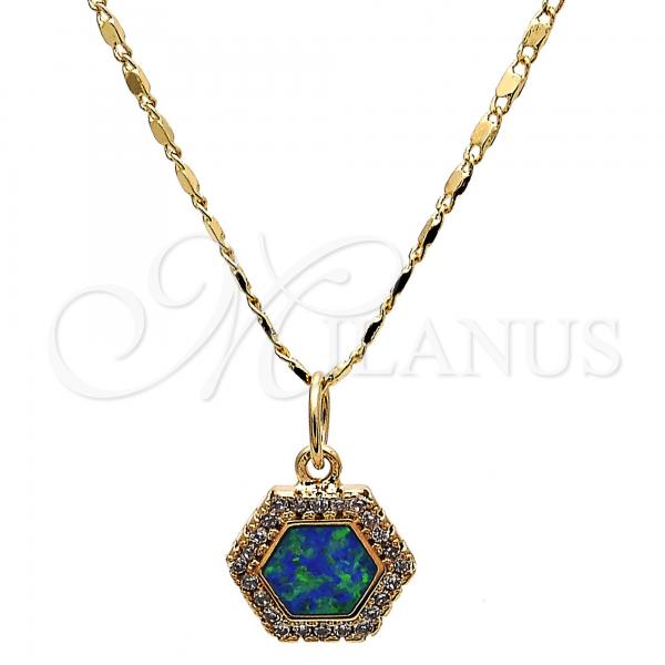 Oro Laminado Pendant Necklace, Gold Filled Style with Blue Topaz Opal and White Micro Pave, Polished, Golden Finish, 04.63.1319.2 .18