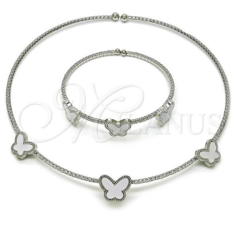 Rhodium Plated Necklace and Bracelet, Butterfly Design, with Ivory Mother of Pearl and White Cubic Zirconia, Polished, Rhodium Finish, 06.421.0002.3