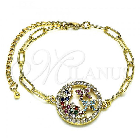 Oro Laminado Fancy Bracelet, Gold Filled Style Paperclip and Butterfly Design, with Ruby and Turquoise Micro Pave, Polished, Golden Finish, 03.316.0079.07