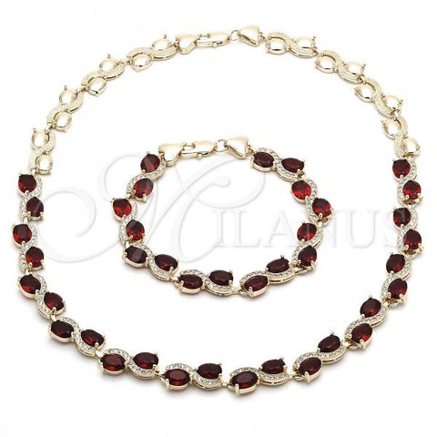 Oro Laminado Necklace and Bracelet, Gold Filled Style Heart Design, with Garnet and White Cubic Zirconia, Polished, Golden Finish, 06.284.0010.3