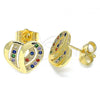 Oro Laminado Stud Earring, Gold Filled Style Heart Design, with Multicolor Micro Pave, Polished, Golden Finish, 02.94.0107.2