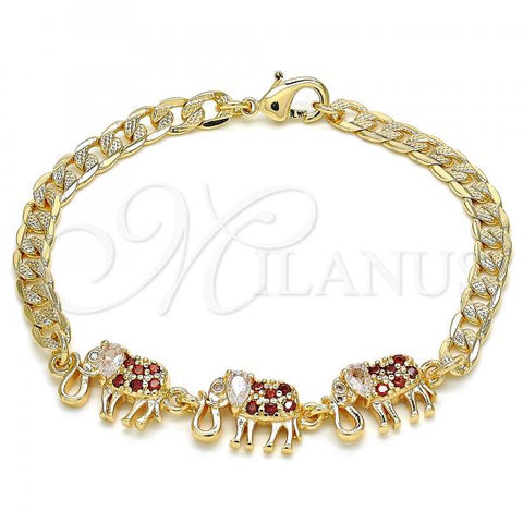 Oro Laminado Fancy Bracelet, Gold Filled Style Elephant Design, with Garnet and White Cubic Zirconia, Polished, Golden Finish, 03.63.2138.1.07