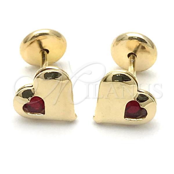 Oro Laminado Stud Earring, Gold Filled Style Heart Design, with Garnet Cubic Zirconia, Polished, Golden Finish, 02.09.0196