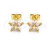 Oro Laminado Stud Earring, Gold Filled Style Flower Design, with Pink Cubic Zirconia, Polished, Golden Finish, 02.310.0024.1