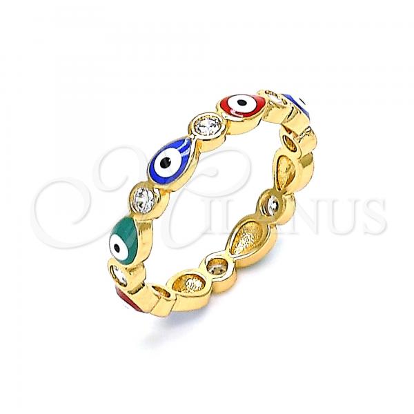 Oro Laminado Multi Stone Ring, Gold Filled Style Evil Eye and Teardrop Design, with White Crystal, Multicolor Enamel Finish, Golden Finish, 01.213.0003.2.07