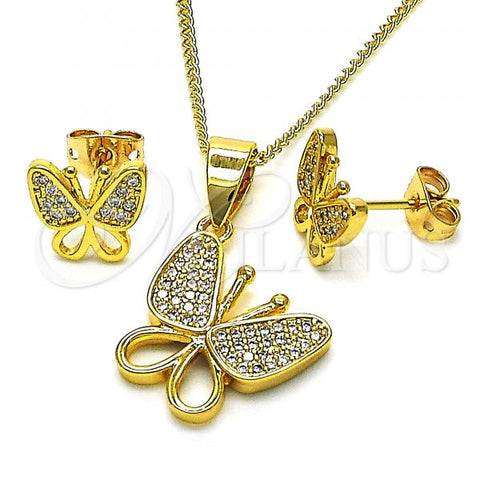 Oro Laminado Earring and Pendant Adult Set, Gold Filled Style Butterfly Design, with White Micro Pave, Polished, Golden Finish, 10.342.0067