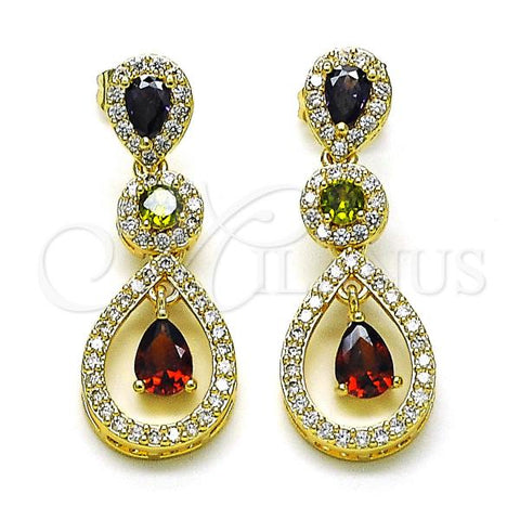 Oro Laminado Long Earring, Gold Filled Style Teardrop Design, with Multicolor Cubic Zirconia and White Micro Pave, Polished, Golden Finish, 02.346.0021.2