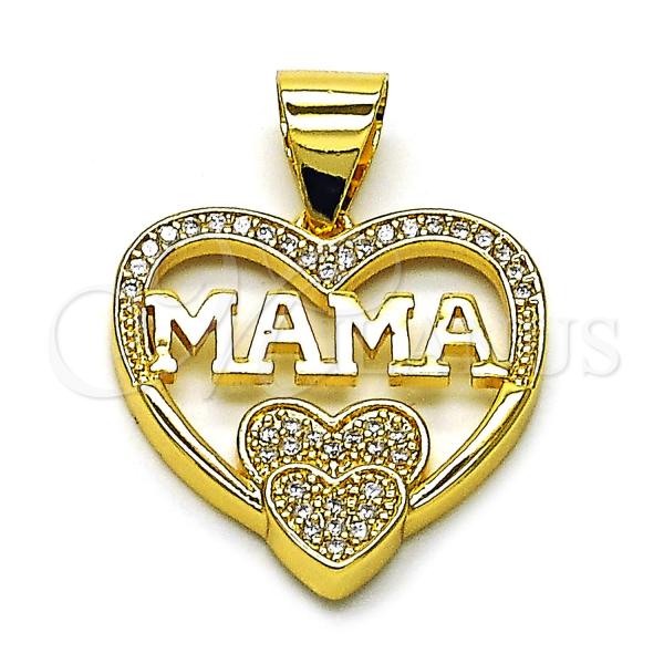 Oro Laminado Fancy Pendant, Gold Filled Style Mom and Heart Design, with White Micro Pave, Polished, Golden Finish, 05.342.0198