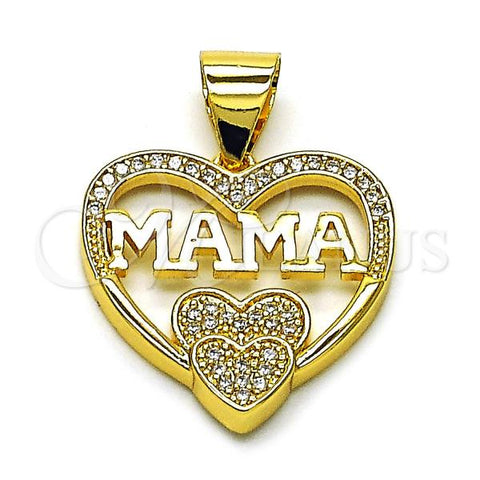 Oro Laminado Fancy Pendant, Gold Filled Style Mom and Heart Design, with White Micro Pave, Polished, Golden Finish, 05.342.0198