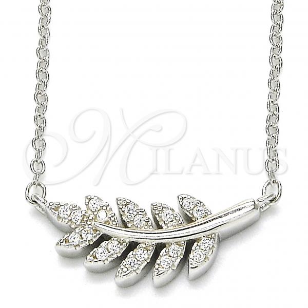 Sterling Silver Pendant Necklace, Leaf Design, with White Cubic Zirconia, Polished, Rhodium Finish, 04.336.0088.16