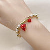 Oro Laminado Fancy Bracelet, Gold Filled Style Strawberry and Heart Design, with Ivory Pearl, Red Enamel Finish, Golden Finish, 03.417.0012.08
