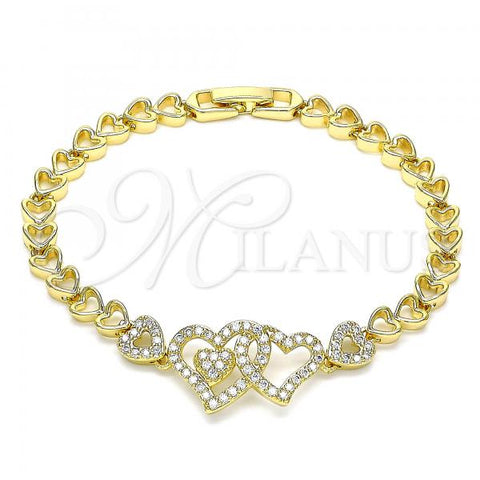 Oro Laminado Fancy Bracelet, Gold Filled Style Heart Design, with White Micro Pave, Polished, Golden Finish, 03.283.0053.07