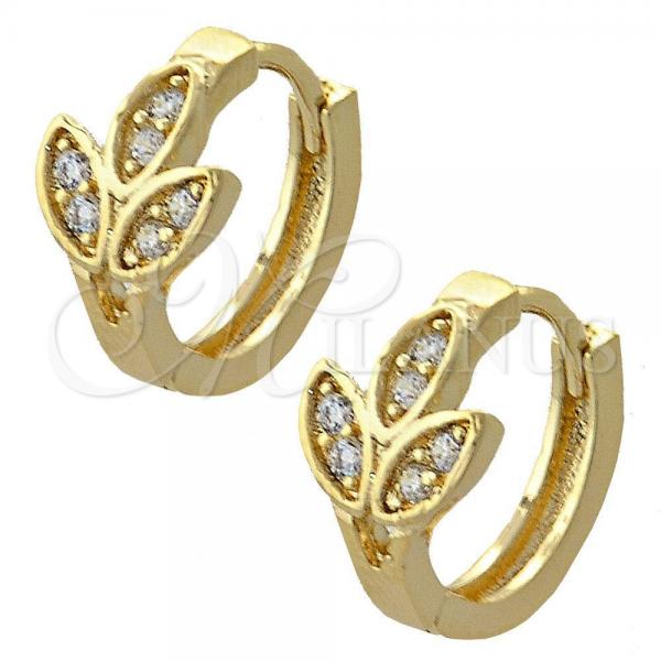 Oro Laminado Huggie Hoop, Gold Filled Style Leaf Design, with White Cubic Zirconia, Polished, Golden Finish, 02.165.0122
