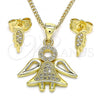 Oro Laminado Earring and Pendant Adult Set, Gold Filled Style Angel Design, with White Micro Pave, Polished, Golden Finish, 10.156.0393