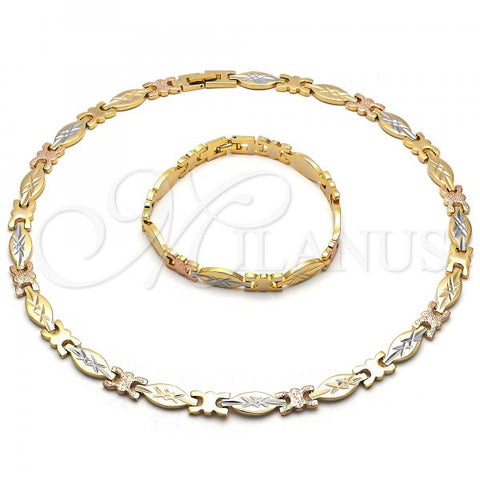 Oro Laminado Necklace and Bracelet, Gold Filled Style Diamond Cutting Finish, Tricolor, 06.102.0003