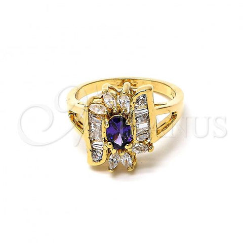 Oro Laminado Multi Stone Ring, Gold Filled Style Baguette and Cluster Design, with Amethyst and White Cubic Zirconia, Polished, Golden Finish, 5.170.002.08 (Size 8)