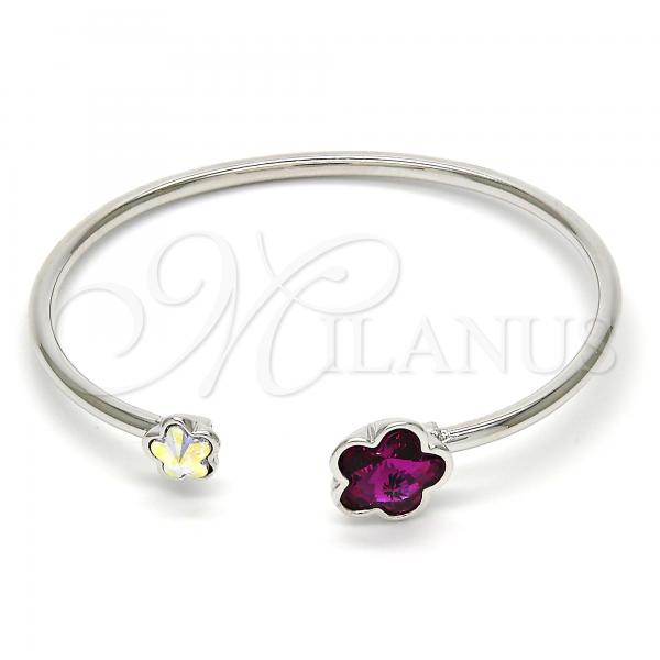 Rhodium Plated Individual Bangle, Flower Design, with Fuchsia and Aurore Boreale Swarovski Crystals, Polished, Rhodium Finish, 07.239.0011.5 (02 MM Thickness, One size fits all)