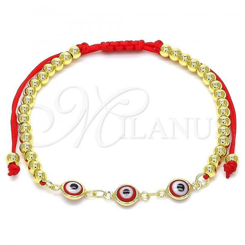 Oro Laminado Adjustable Bolo Bracelet, Gold Filled Style Evil Eye and Ball Design, Red Resin Finish, Golden Finish, 03.63.2213.11