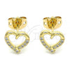 Oro Laminado Stud Earring, Gold Filled Style Heart Design, with White Micro Pave, Polished, Golden Finish, 02.342.0088